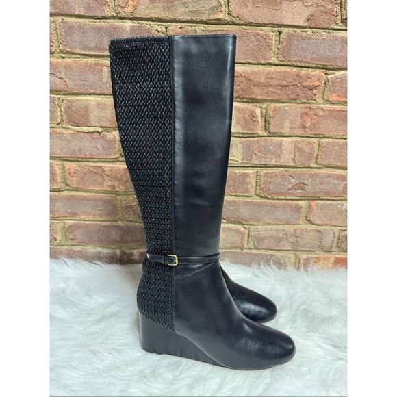 Cole Haan Women’s Black Leather Lauralyn Stretch Wedge Tall Boot Sz 9 NEW - Picture 1 of 7